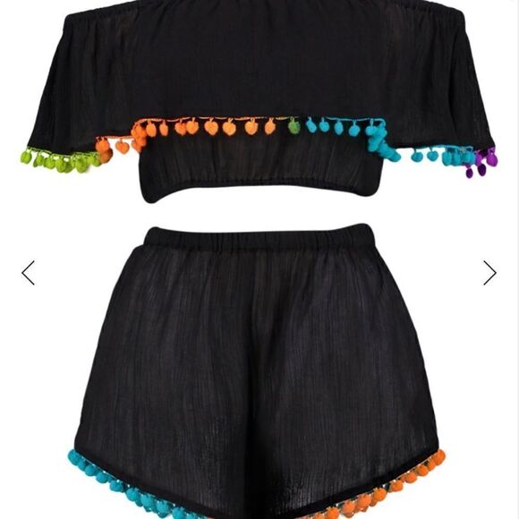 Plunge higg waisted black swim/bathing suit & neon pom pom fringe boho coverup - Picture 8 of 11